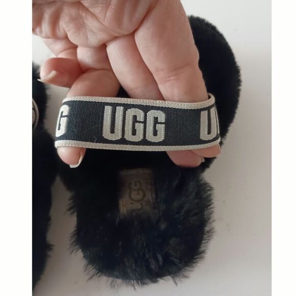 Uggs black furry yeah slides little kid size 6 slingback w/logo barely used glam - Picture 3 of 6